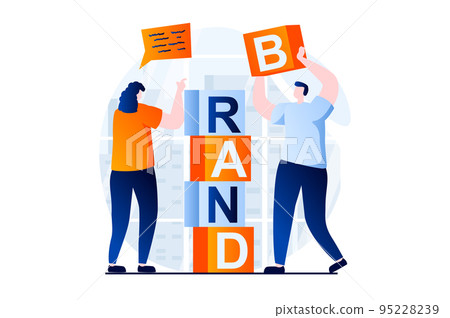 Branding team concept with people scene in flat cartoon design. Woman and man building business brand from cubes, employees teamwork in creative agency. Vector illustration visual story for web Branding team concept with people scene in flat cartoon design. Woman and man building business brand from cubes, employees teamwork in creative agency. Vector illustration visual story for web 95228239