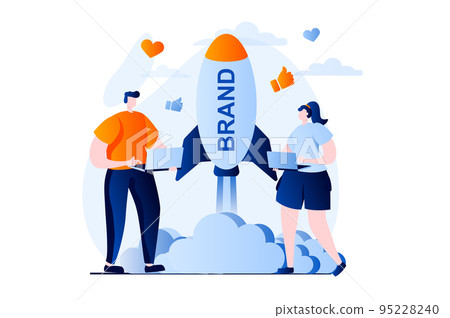 Branding team concept with people scene in flat cartoon design. Woman and man launch business brand, create company personality and new project together. Vector illustration visual story for web 95228240