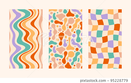 Groovy Hippie 70s Backgrounds Set. Vector Psychedelic Wallpapers: Wavy Stripes, Lava Lamp Fluid Shapes, Checkerboards Groovy Hippie 70s Backgrounds Set. Vector Psychedelic Wallpapers: Wavy Stripes, Lava Lamp Fluid Shapes, Checkerboards 95228779