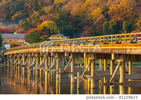 Autumn in Saga-Arashiyama, Kyoto Togetsukyo Bridge and autumn leaves illuminated by the morning sun 95229623