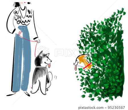 A dog surprised by a Shiba Inu sticking its head out of a fence 95230387