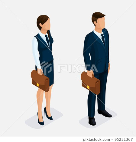 Trendy isometric, woman and man on a light background, isolated. Young businessman and business woman, stylish business clothes, hairstyles strict portfolio. Vector illustration Trendy isometric, woman and man on a light background, isolated. Young businessman and business woman, stylish business clothes, hairstyles strict portfolio. Vector illustration 95231367