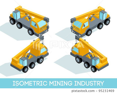 Isometric 3D mining industry icons set 7 image of mining equipment and vehicles isolated vector illustration 95231469