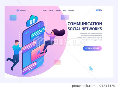 Young people communicate in social networks through the app on the phone. Concept of modern technology. Landing page concepts and web design 95231470