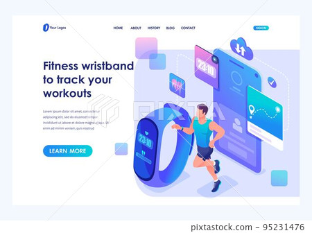 Isometric concept a man runs around using a fitness bracelet and tracks his workouts.Template landing page for website Isometric concept a man runs around using a fitness bracelet and tracks his workouts.Template landing page for website 95231476