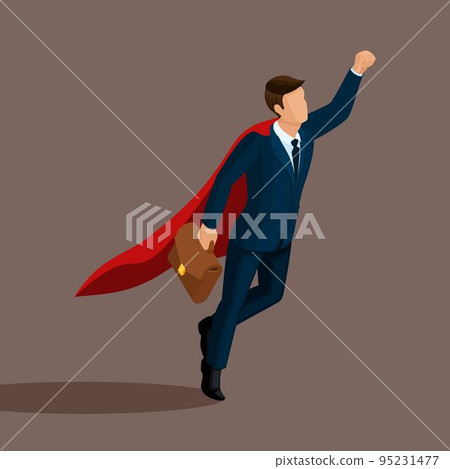Isometric 3D businessman, Superman flies up, with a briefcase in hand, in a business suit with a cloak isolated on a light background Isometric 3D businessman, Superman flies up, with a briefcase in hand, in a business suit with a cloak isolated on a light background 95231477