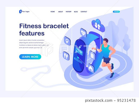 Isometric concept male athlete uses a Fitness bracelet, the properties and performance of the device. Template landing page for website Isometric concept male athlete uses a Fitness bracelet, the properties and performance of the device. Template landing page for website 95231478