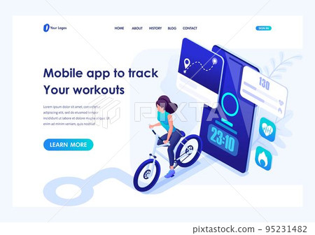 Isometric concept mobile app to track your workouts, girl running. Header concept. Template landing page for website 95231482
