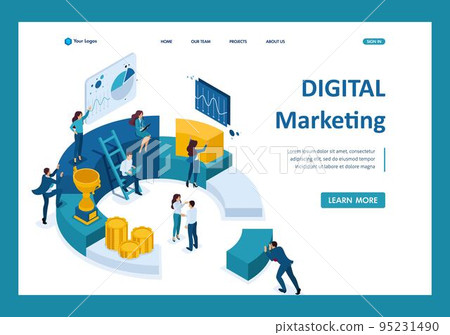 Isometric Businessmen make a report on digital marketing. Template Landing page 95231490
