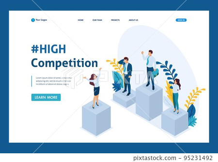 Isometric businessmen on a pedestal of superiority, successful leader. Template Landing page 95231492