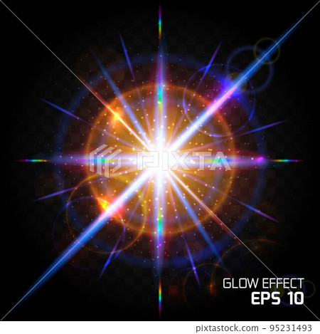 Effect of particles flying in different directions shine, glow sparks dust luxurious design bright background, sunlight effect lighting bright glare on a transparent 95231493