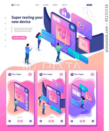 Isometric Website Template Landing page bright concept the team is testing a new device, the smartwatch 95231516
