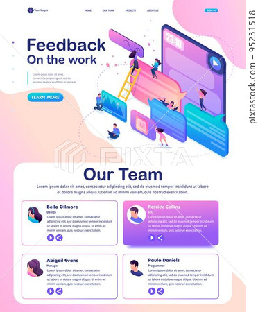 Isometric Website Template Landing page bright concept users write comments, recall and feedback about services 95231518