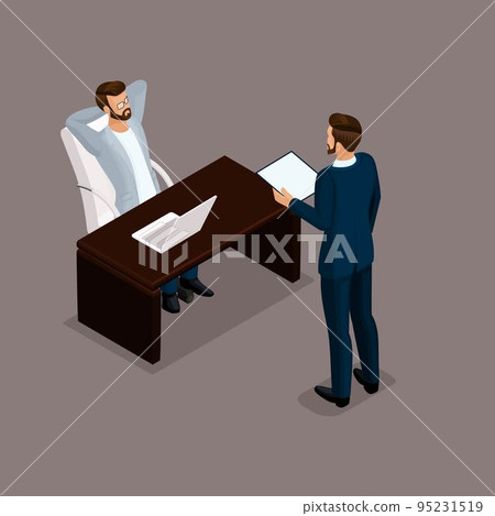 Isometric people isometric businessmen meeting business negotiation, problem solving, office furniture, business people solve a problem on a dark background. Vector illustration 95231519