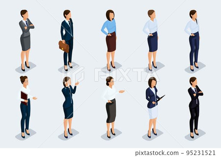 Isometric set of elegant beautiful business woman in business clothing. Business woman doing a job. The modern style of a business woman. Vector illustration Isometric set of elegant beautiful business woman in business clothing. Business woman doing a job. The modern style of a business woman. Vector illustration 95231521