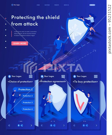 Isometric Website Template Landing page businessmen hiding behind a shield from attack 95231522