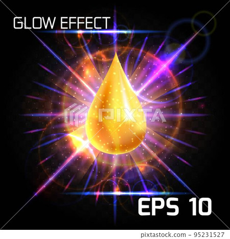 Luxury background with gold falling drop of oil, honey, bright iridescent glow in the rays of the lens effect, bright background of different colors on a dark 95231527