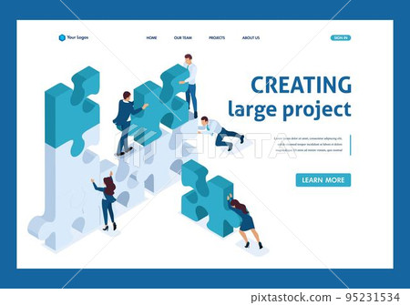 Isometric young entrepreneurs team working on the creation of the project. Template Landing page 95231534