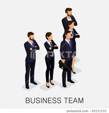 Trendy isometrics, woman and man on a light background, isolated. The team of young business people, teamwork, cooperative labor. Serious group of modern stylish people. Vector illustration 95231535
