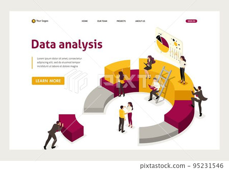 Isometric collecting and analyzing data, people collect a chart. Website Template Landing page 95231546
