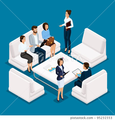 Isometric people, businessman 3D business woman. Office staff of furniture, sofas, desk, discussion, brainstorming on a blue background Isometric people, businessman 3D business woman. Office staff of furniture, sofas, desk, discussion, brainstorming on a blue background 95231553