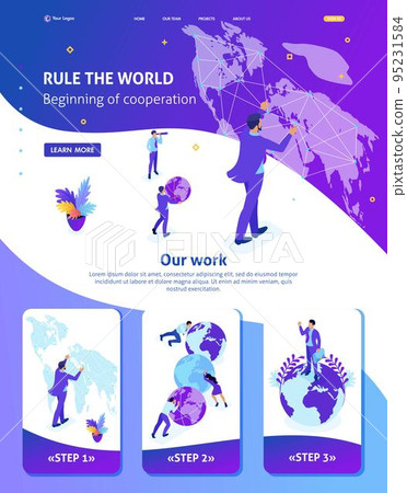 Isometric Website Template Landing page Big businessman running the world, world map. Adaptive 3D 95231584