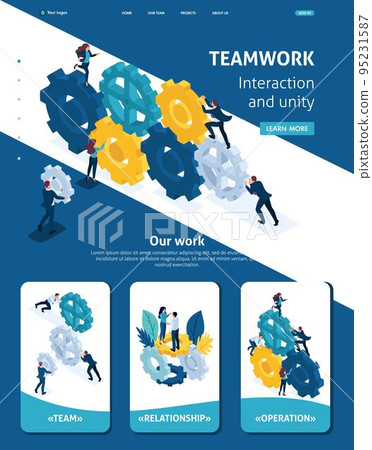 Isometric Website Template Landing page Conceptual image of business team working cohesively. Interaction and unity. Adaptive 3D 95231587