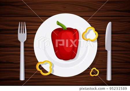 Excellent quality wood texture, table,  top, peppers on a plate, slices of pepper. Design vegetarian menu. Background  dark wooden planks. Vector illustration 95231589