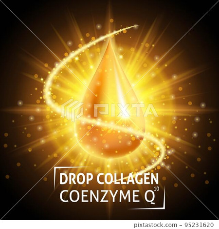 Serum Collagen Coenzyme Q10, realistic golden drop. Taking care of the skin. Anti age hyaluronic serum. Design cosmetics. Vector illustration EPS 10 95231620