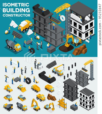 Design building isometric view, create your own design, building construction, excavation, heavy equipment, trucks, construction workers, people, uniform blocks, piles. Vector illustration Design building isometric view, create your own design, building construction, excavation, heavy equipment, trucks, construction workers, people, uniform blocks, piles. Vector illustration 95231647