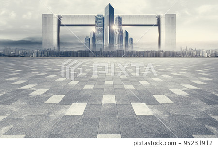 Doomsday atmosphere empty brick plaza floors with panoramic city skyline and skyscraper buildings 95231912