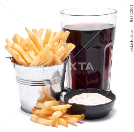 French fries potatoes in stylized metallic bucket isolated on white background French fries potatoes in stylized metallic bucket isolated on white background 95232001