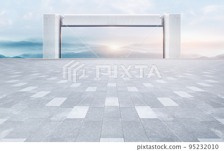 Empty brick square floor with panoramic ink wind mountains skyline 95232010