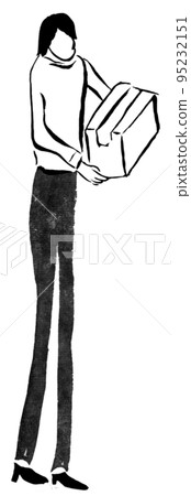 A full-body female office worker holding a cardboard (ink hand-drawn illustration) 95232151