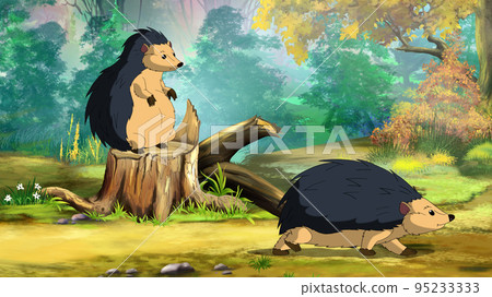 Hedgehogs in a forest illustration Hedgehogs in a forest illustration 95233333