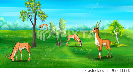 Antelopes graze on the lawn illustration Antelopes graze on the lawn illustration 95233338