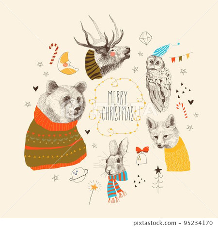 Lovely Christmas Set with Cute Animals wearing Winter Sweaters and Scarves 95234170
