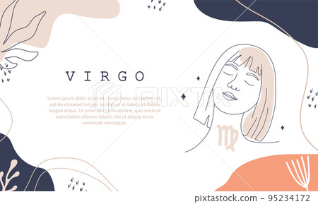 Virgo zodiac sign. One line drawing. Astrological icon with abstract woman face. Mystery and esoteric outline background. Astrology horizontal banner. Linear vector illustration in minimalist style 95234172