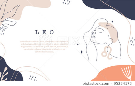 Leo zodiac sign. One line drawing. Astrological icon with abstract woman face. Mystery and esoteric outline background. Astrology horizontal banner. Linear vector illustration in minimalist style 95234173