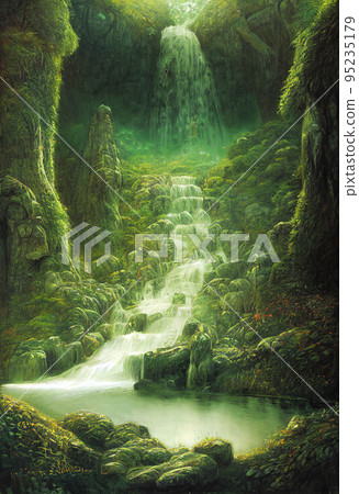 A mysterious waterfall in the depths of a misty secret forest "AI-generated image" 95235179