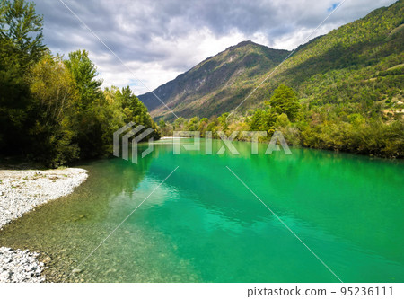 Aerial view of Mesmerizing turquoise colored river Soca. Aerial view of Mesmerizing turquoise colored river Soca. 95236111
