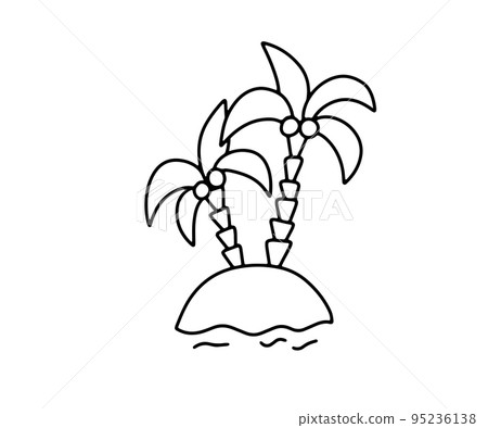 Line sketch of island in sea with palm trees. Cute doodle vector illustration isolated on white background 95236138