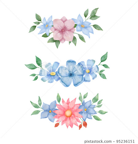 Watercolor flowers isolated on white background. Floral bunch with hand drawn leaves and flowers . Simple stylized floral border painting set Watercolor flowers isolated on white background. Floral bunch with hand drawn leaves and flowers . Simple stylized floral border painting set 95236151