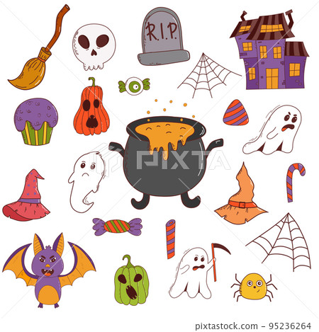 Funny halloween set: pumpkin, ghost, witch hat, bat, sweets, spider, broom. Trick or treat concept. Vector illustration in hand drawn style 95236264