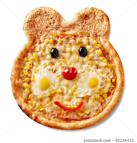 Funny bear-shaped pizza with pelati sauce, mozzarella, corn, cherry tomato, bell pepper, olives, quail eggs and sesame 95236432