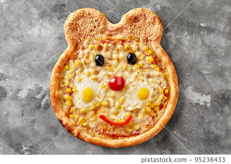 Bear-shaped pizza for kids with mozzarella, corn, cherry tomato, bell pepper, olives, quail eggs and sesame 95236433