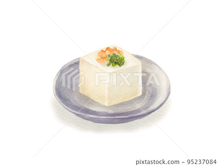 Cold tofu on a small plate hand-drawn watercolor illustration 95237084