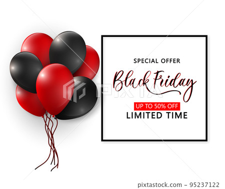 Black Friday sale typographic design. 3d stylized red color letters with glossy balloons. White background. Black Friday sale typographic design. 3d stylized red color letters with glossy balloons. White background. 95237122