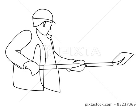 Worker with shovel continuous line drawing. Construction tool symbol. Worker with shovel continuous line drawing. Construction tool symbol. 95237369