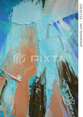 Conceptual abstract painting of a couple wolves. Painting in multicolored tones. Closeup of a painting by oil and palette knife on canvas. 95238363